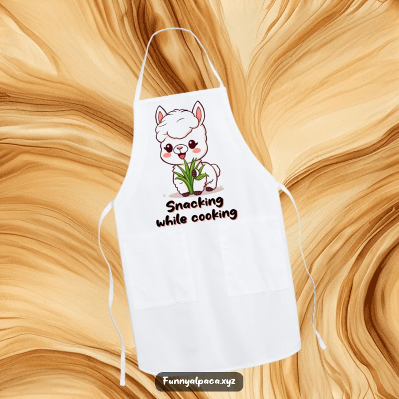 Funny Alpaca Apron: A happy alpaca enjoys a meal of grass, adding a touch of farm humor to cooking.