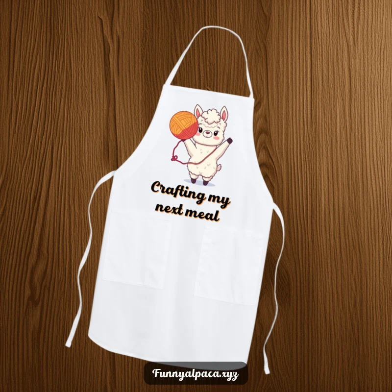 Funny Alpaca Apron: A silly alpaca tosses yarn while pretending to cook, adding humor to the kitchen.