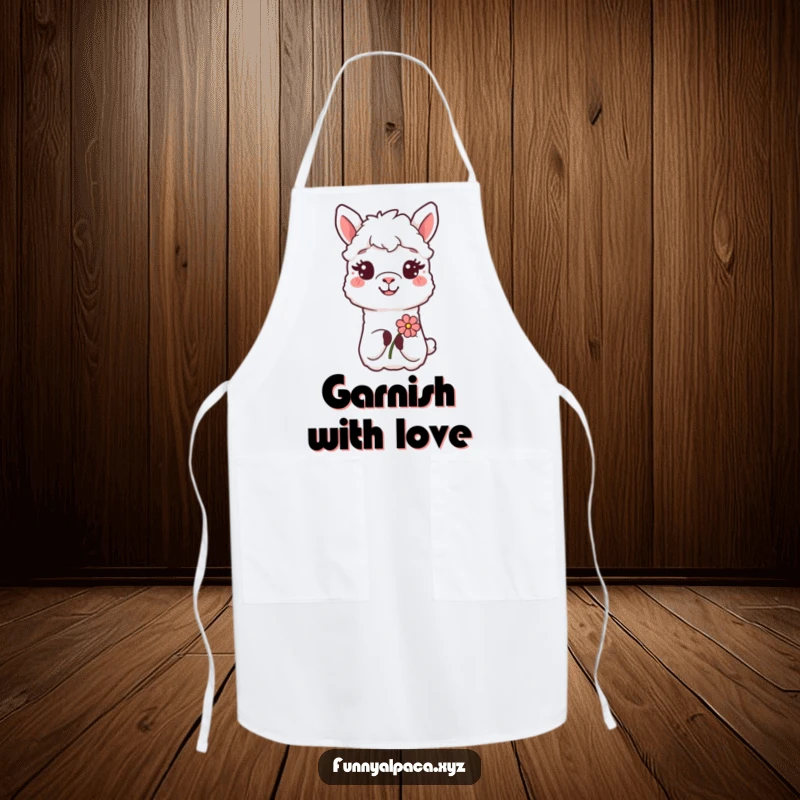 Funny Alpaca Apron: A smiling alpaca offers a flower, bringing a touch of gentle humor to kitchen attire.