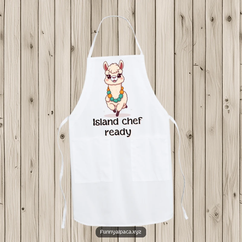 Funny apron featuring a silly alpaca with a comical expression running with a large lei, perfect for a tropical party.
