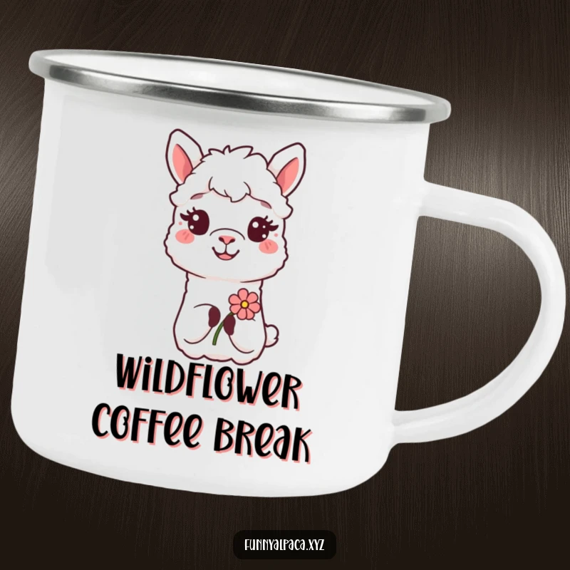 Funny Alpaca Camping Mug: A smiling alpaca offers a flower, perfect for enjoying drinks outdoors with a cheerful message.