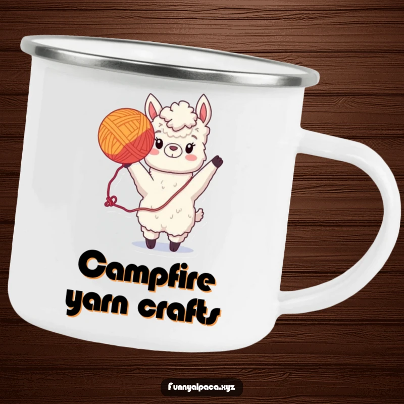 Funny Alpaca Camping Mug: A playful alpaca tosses yarn, perfect for enjoying drinks on the go with humor.