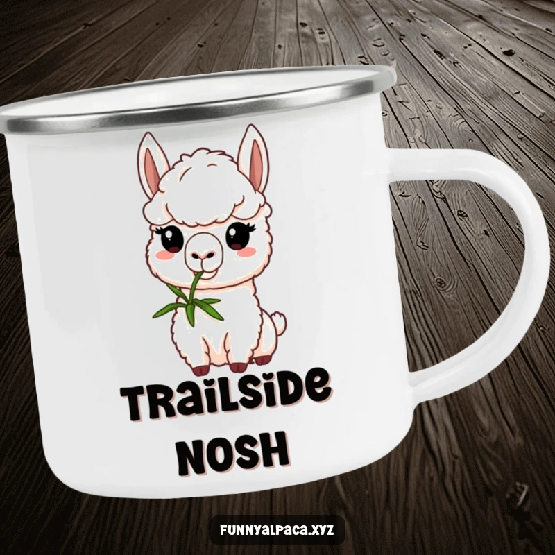 Funny alpaca camping mug showing a determined alpaca nibbling a green sprig, perfect for outdoor enthusiasts who appreciate gentle focus and humor.