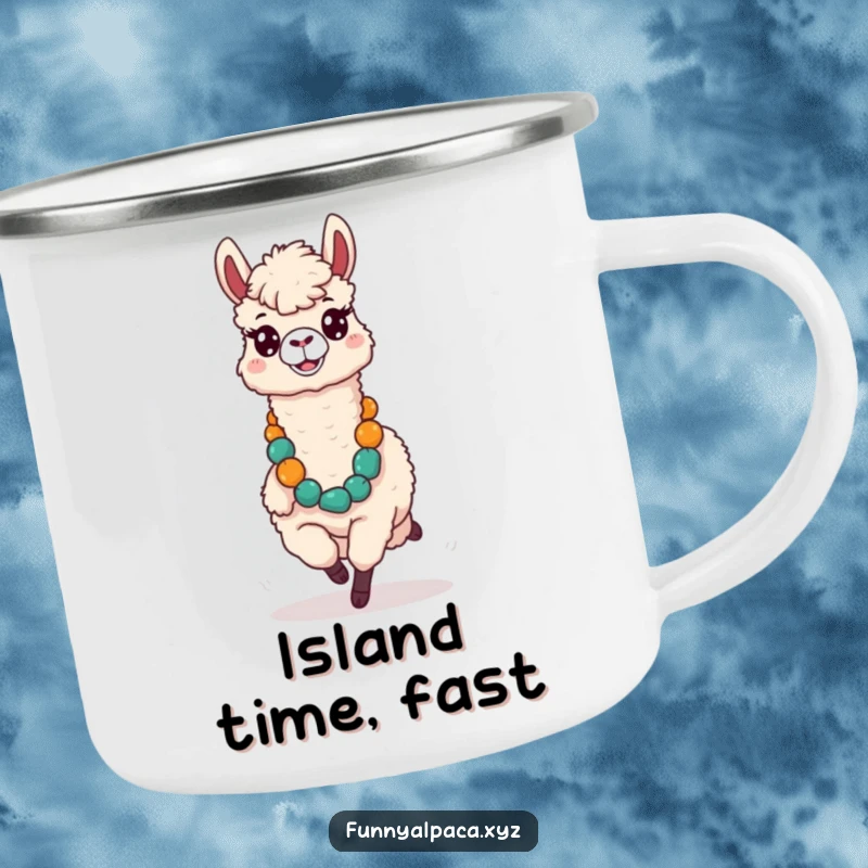 Funny enamel camping mug with a silly alpaca running with a large lei, perfect for tropical outdoor fun.
