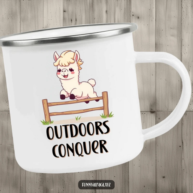 Funny alpaca camping mug leaping, ideal for outdoor animal humor and adventure.
