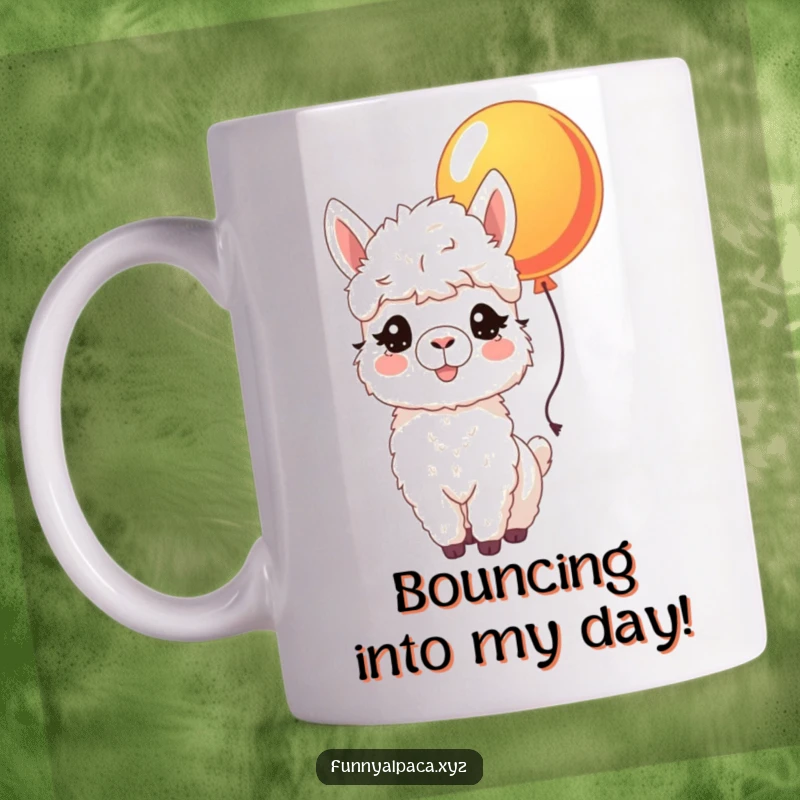 Funny ceramic mug featuring a joyful alpaca with fluffy coat and bright eyes, gently nudging a colorful balloon, radiating happiness.