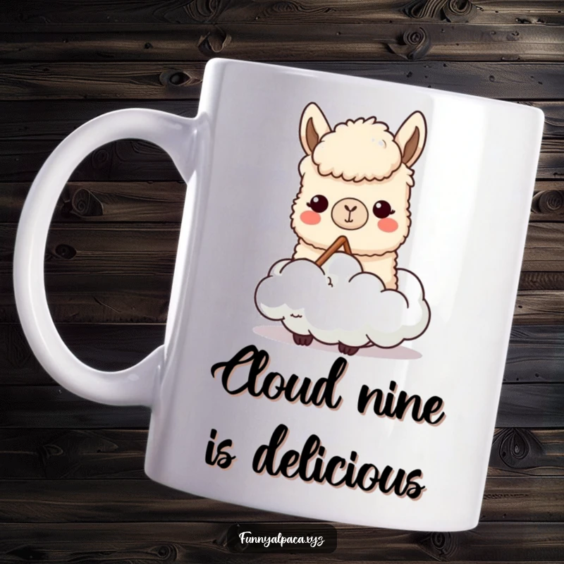Funny mug featuring a content alpaca character joyfully chewing a fluffy white cloud, symbolizing creative inspiration and a lighthearted mood.