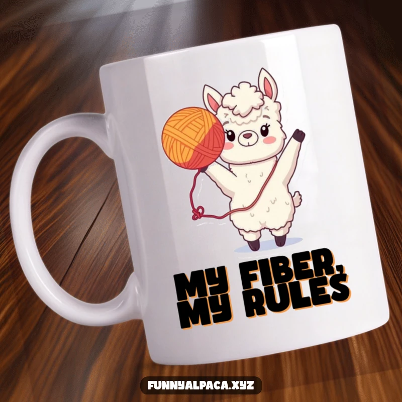 Funny Alpaca Yarn Mug: A silly alpaca playfully tosses a bright yarn ball, ideal for crafters and gift-givers.
