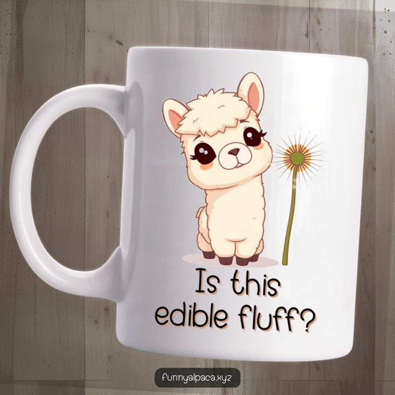 Funny ceramic mug showcasing a curious alpaca with tufted ears tilting its head, mesmerized by a giant dandelion, inviting wonder.
