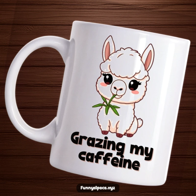 Funny alpaca mug showing a determined alpaca character focused on nibbling a green sprig, highlighting gentle perseverance and cute charm.