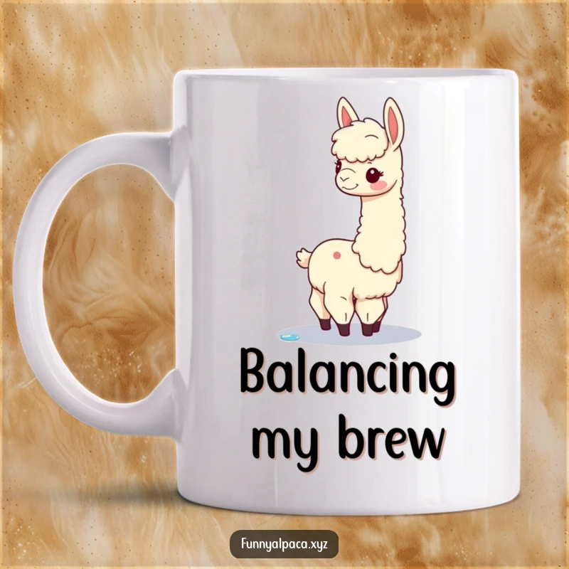 Funny alpaca mug showing a graceful alpaca with a long neck delicately balancing a single dewdrop, representing poise and ethereal humor.