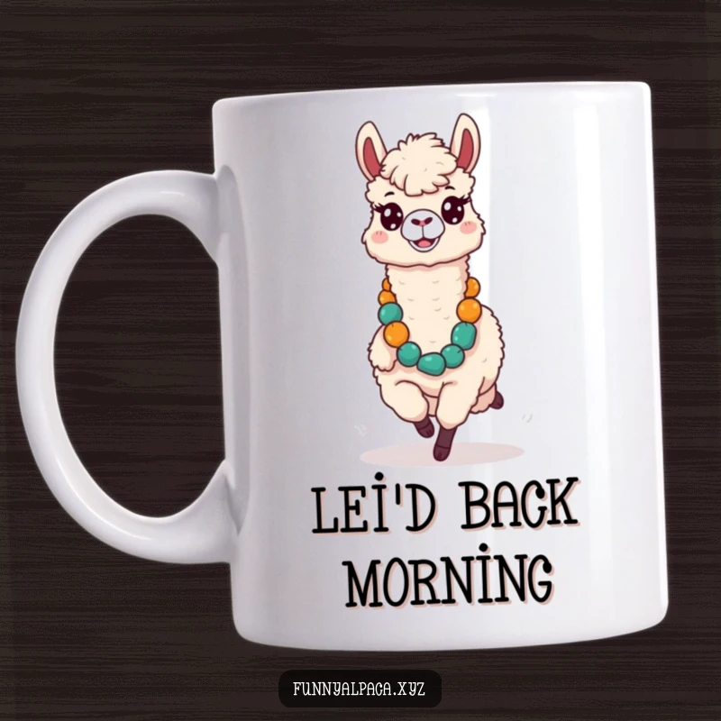 Funny ceramic mug showing a silly alpaca with a comical expression, running exuberantly with a large, colorful lei, embodying tropical fun.