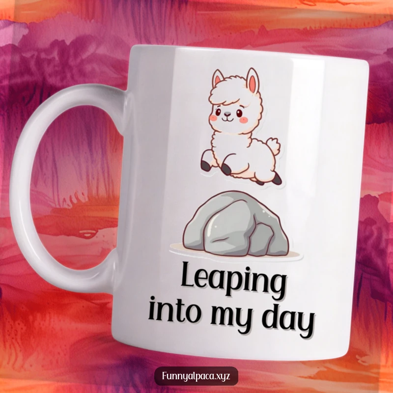 Funny Fluffy Alpaca Mug: A cute, fluffy alpaca character mid-leap, joyfully jumping over a small rock with a happy expression.