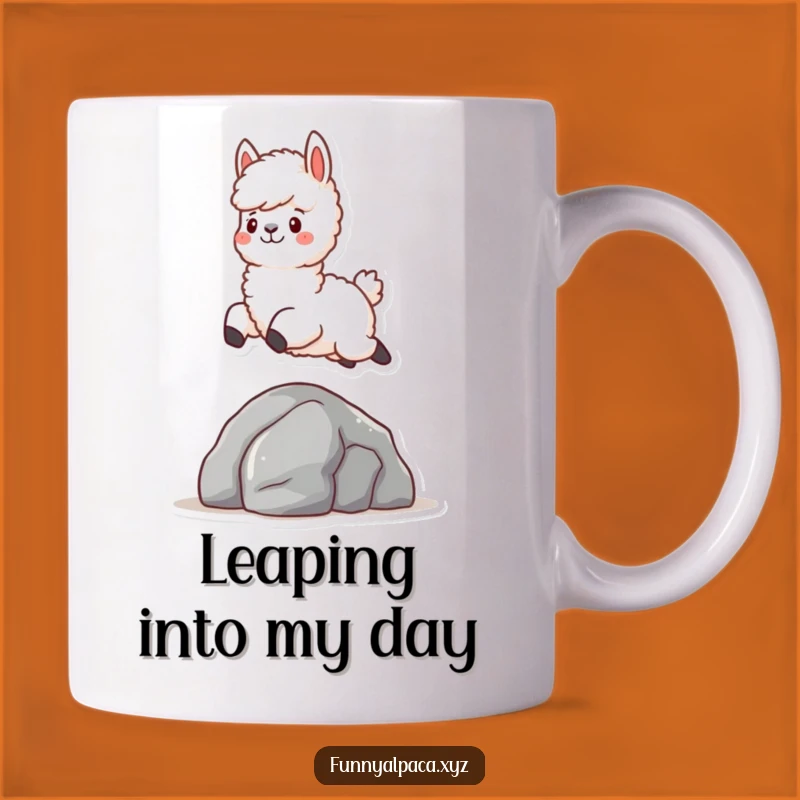 Funny Fluffy Alpaca Mug: Leaping Over Rock, Adorable & Humorous Gift