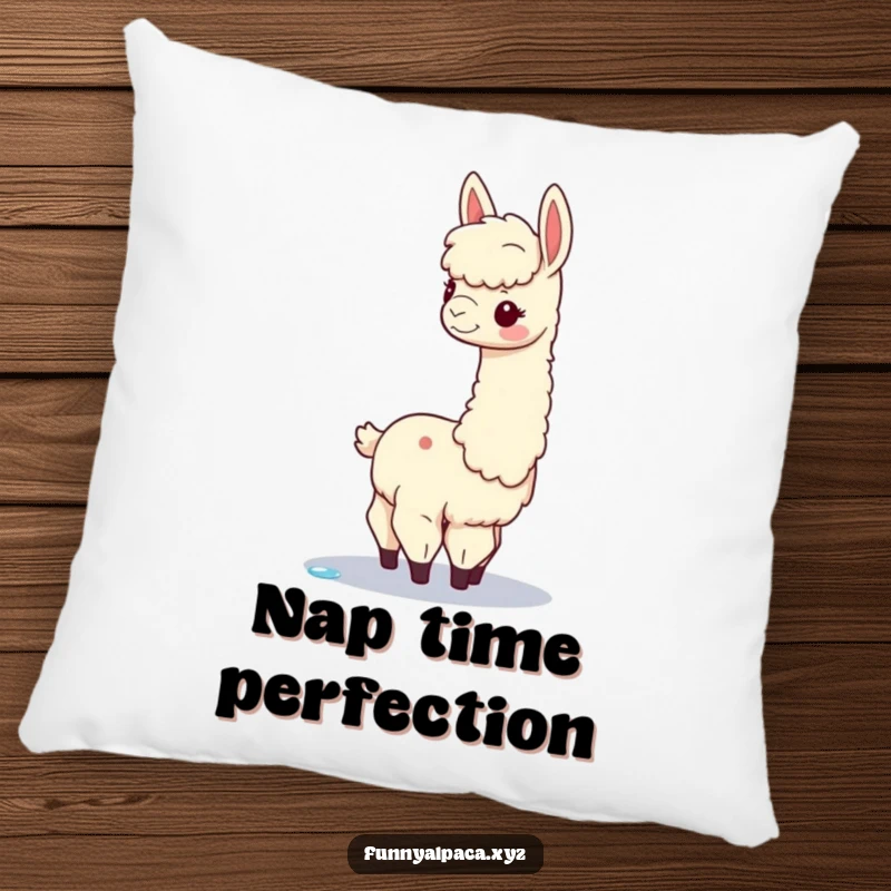 Funny alpaca pillow featuring a graceful alpaca balancing a dewdrop, offering plush comfort and a dose of elegant humor.