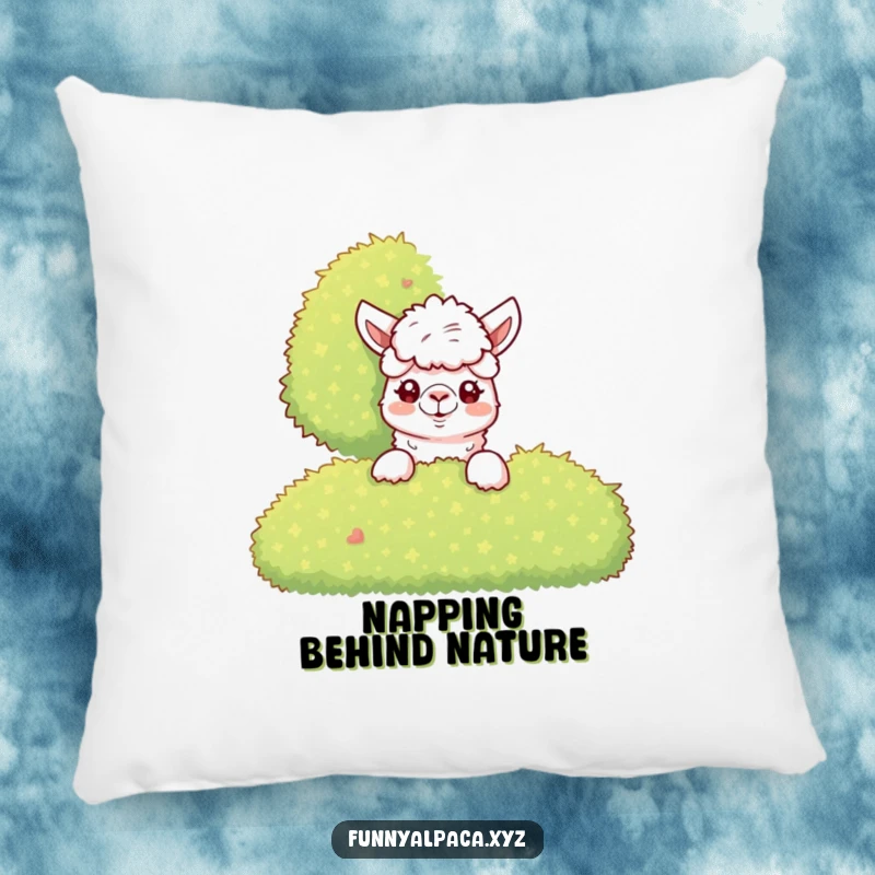 Funny Alpaca Bush Pillow: A curious alpaca peeks from behind a bush, offering plush comfort and a hint of fun.