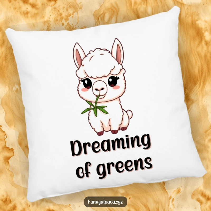 Funny alpaca pillow featuring a determined alpaca focused on nibbling a green sprig, offering plush comfort and a dose of gentle humor.