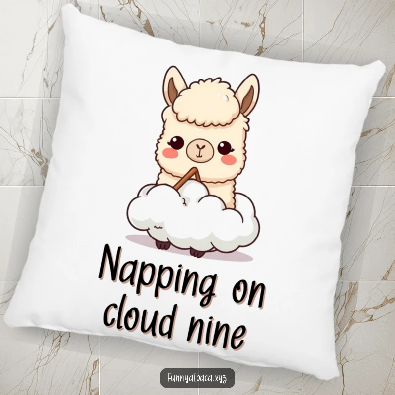 Funny pillow featuring a content alpaca character happily chewing a soft cloud, offering comfort and a touch of lighthearted, creative humor.