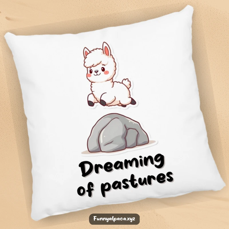 Funny Fluffy Alpaca Pillow: A plush pillow featuring a fluffy alpaca character joyfully leaping over a rock, perfect for comfort and cute decor.