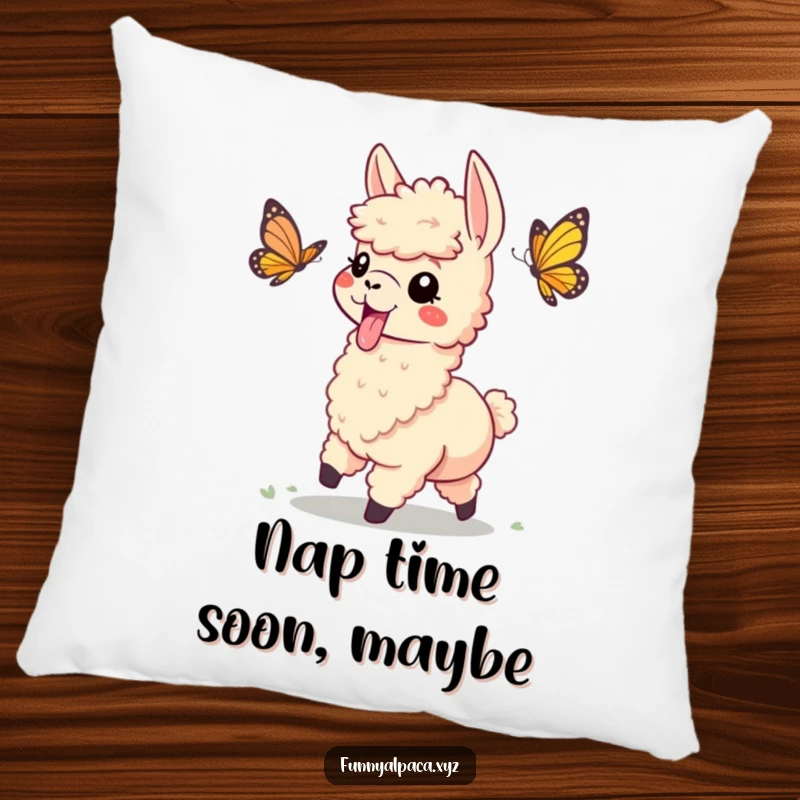 Funny decorative pillow of a playful alpaca with tongue sticking out, chasing a butterfly, offering soft, humorous comfort.