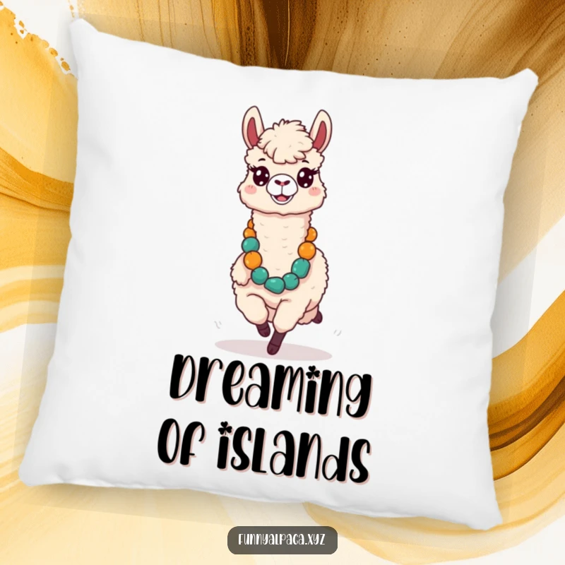 Funny decorative pillow of a silly alpaca with a comical expression running with a large lei, adding tropical humor.