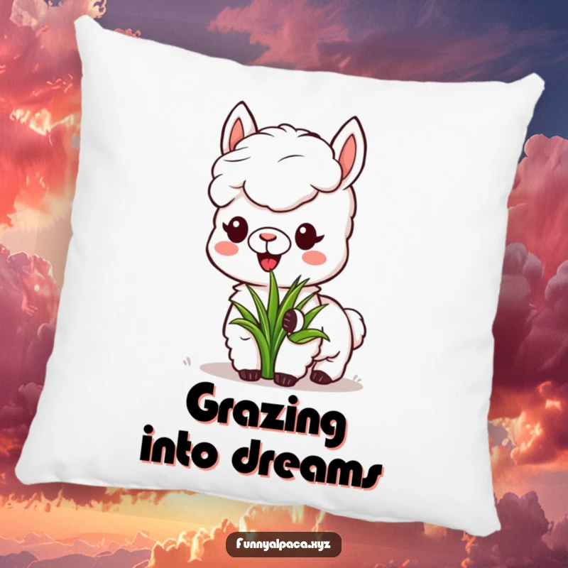 Funny Alpaca Grass Pillow: A cute alpaca happily munches on grass, offering cozy comfort and humor.
