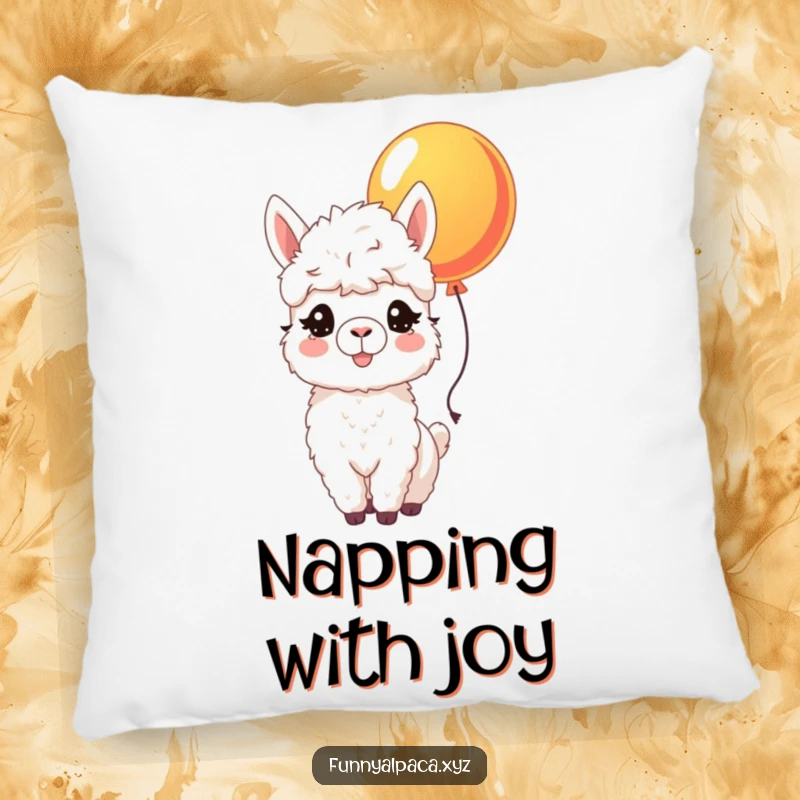 Funny decorative pillow of a joyful alpaca with a fluffy coat and bright eyes, happily nudging a colorful balloon, adding cheer.