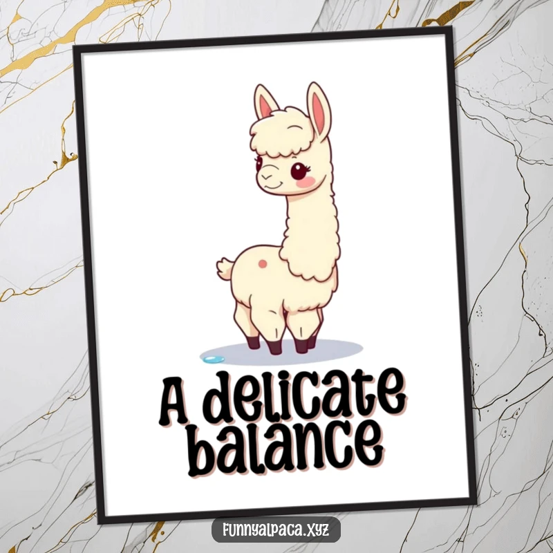 Funny alpaca digital art print of a graceful alpaca balancing a dewdrop, bringing a humorous and elegant vibe to any digital space.