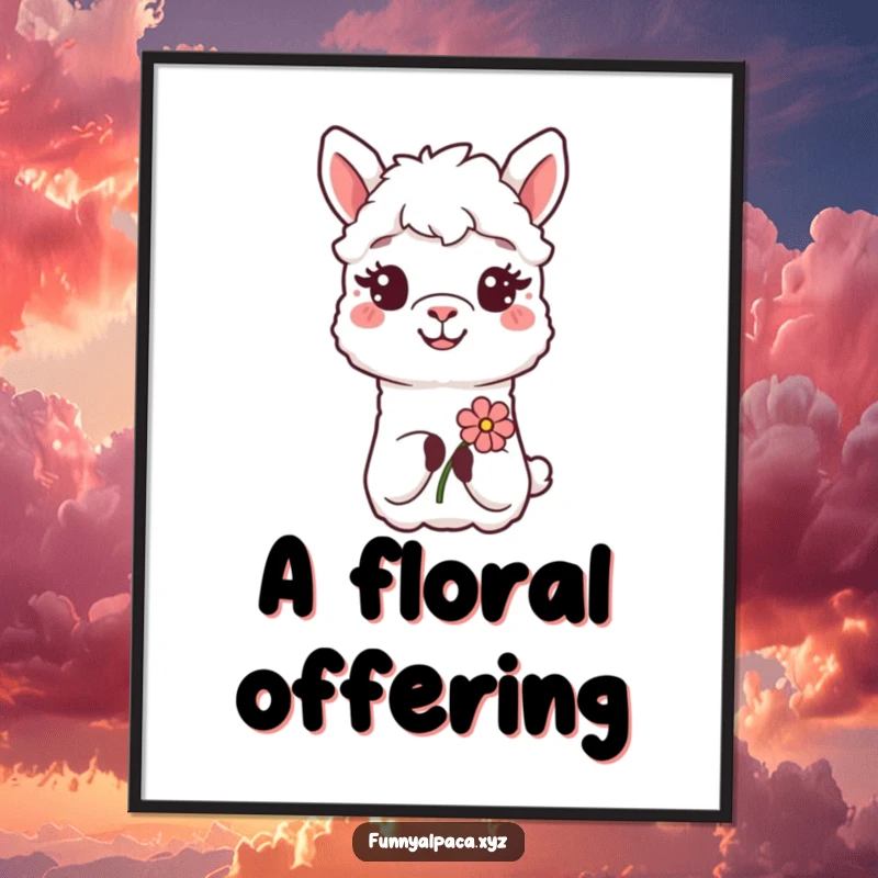 Funny Alpaca Flower Digital Art: A smiling alpaca offers a flower, ideal for instant cheerful and humorous decor.