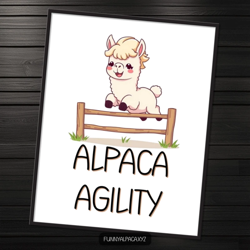Funny alpaca digital art print leaping, offering instant animal humor and energetic decor.