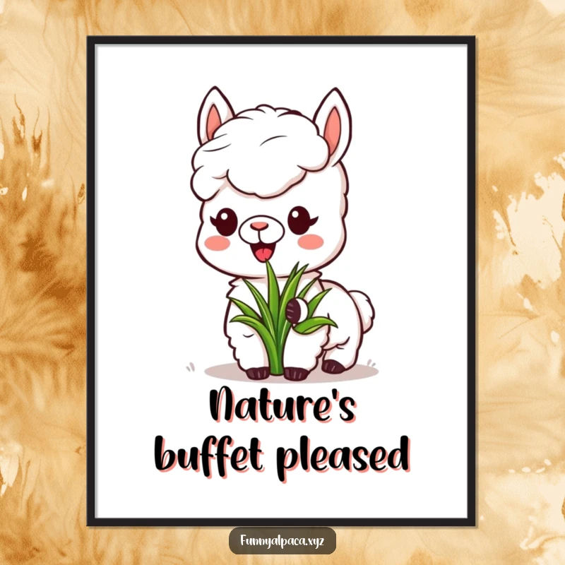 Funny Alpaca Grass Digital Art: A content alpaca peacefully eats grass, ideal for instant calm and humor.