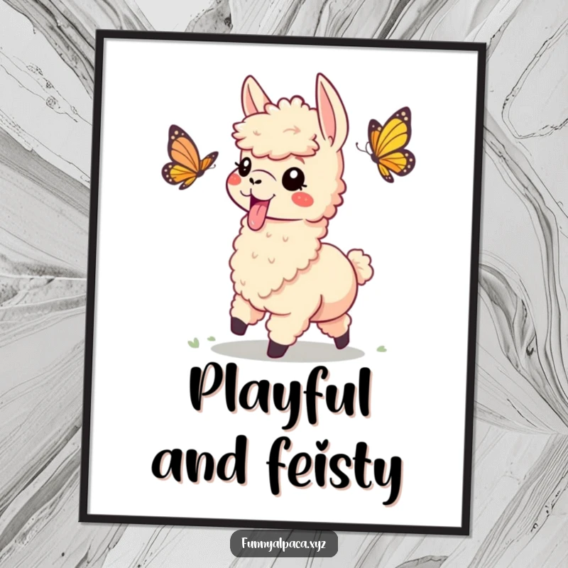 Funny digital art print of a playful alpaca with its tongue sticking out, chasing a butterfly, full of playful energy.