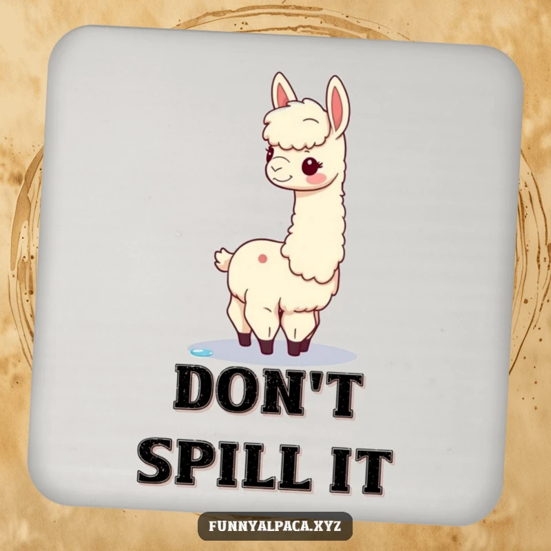 Funny alpaca drink coasters featuring a graceful alpaca balancing a dewdrop, providing a humorous and protective surface for beverages.