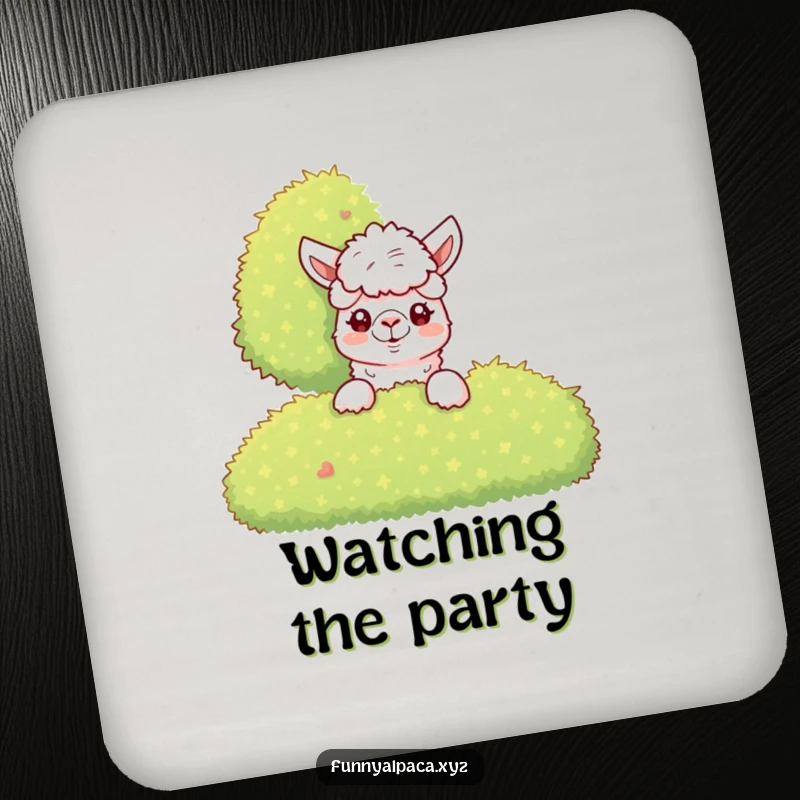 Funny Alpaca Bush Coaster: A curious alpaca peeks from behind a bush, offering a humorous and protective surface.