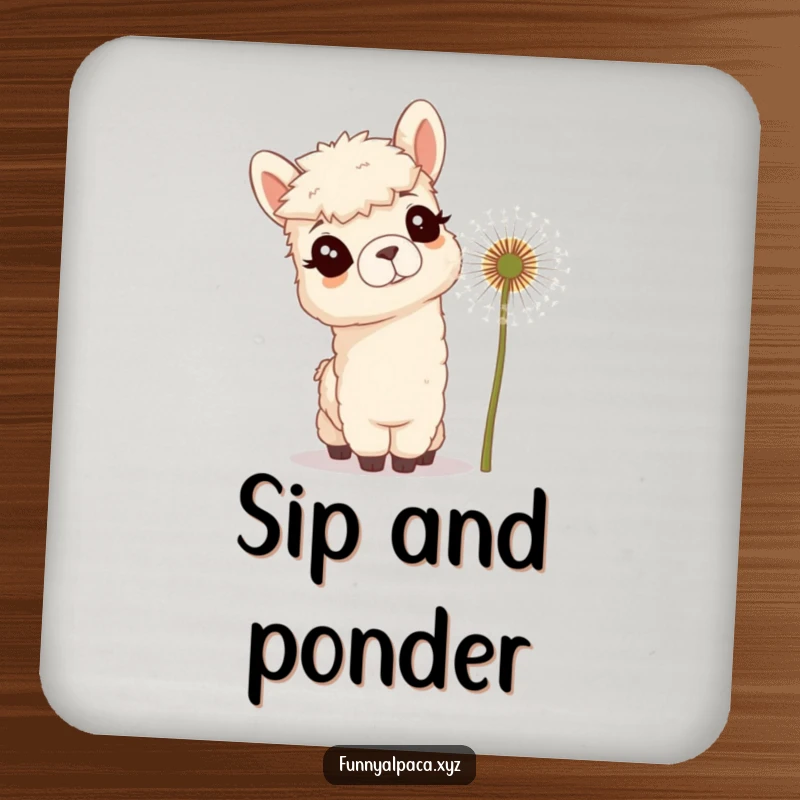 Funny drink coaster with a curious alpaca tilting its head to observe a giant dandelion, protecting surfaces with humor.
