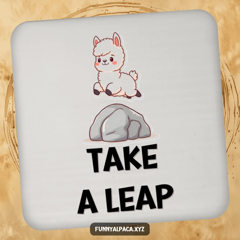 Funny Fluffy Alpaca Drink Coaster: A protective coaster featuring a fluffy alpaca character joyfully leaping over a rock, adding whimsy to tables.