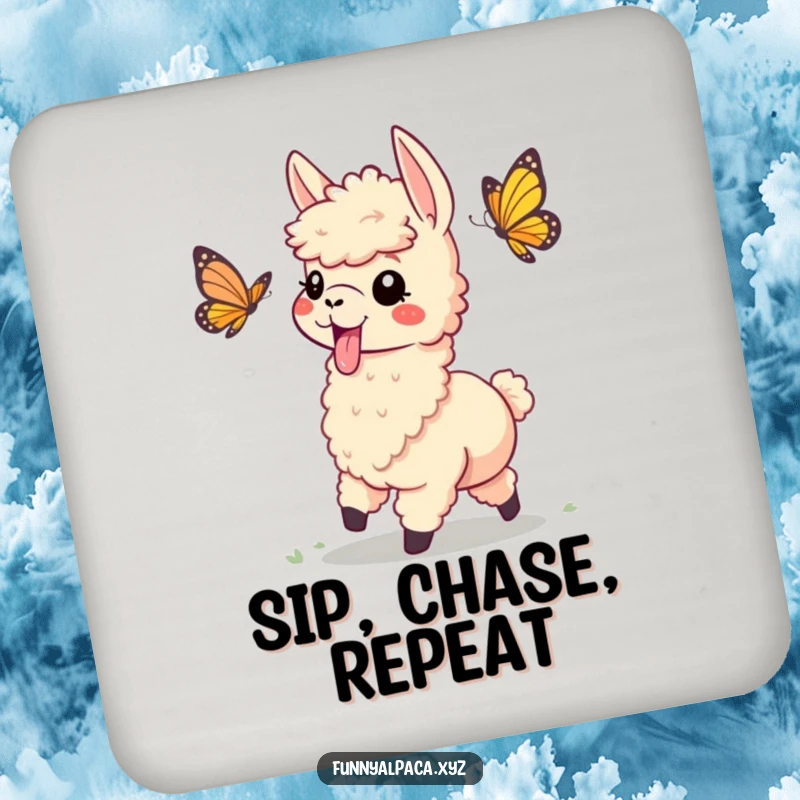 Funny drink coaster with a playful alpaca, tongue sticking out, chasing a butterfly, bringing fun to any surface.