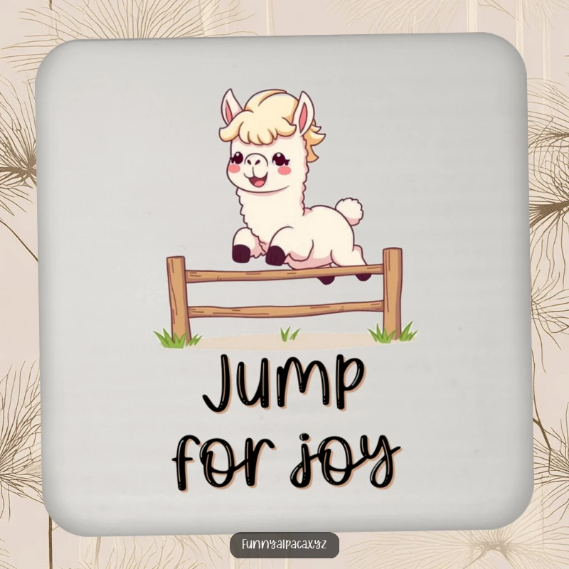 Funny alpaca coasters leaping, adding energetic animal humor to any beverage setting.