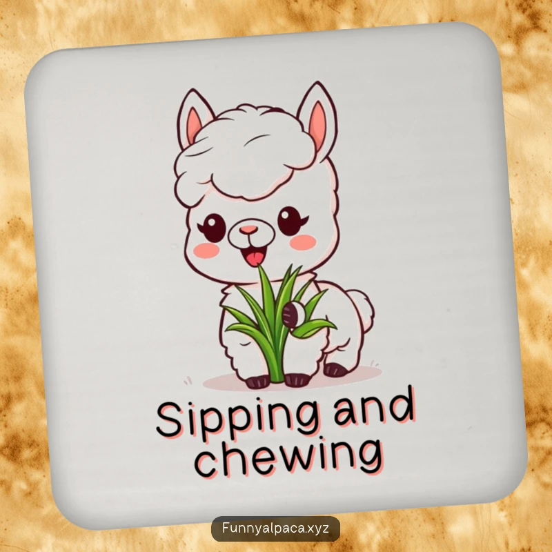 Funny Alpaca Grass Coaster: A content alpaca eats grass, offering a peaceful and humorous way to protect surfaces.