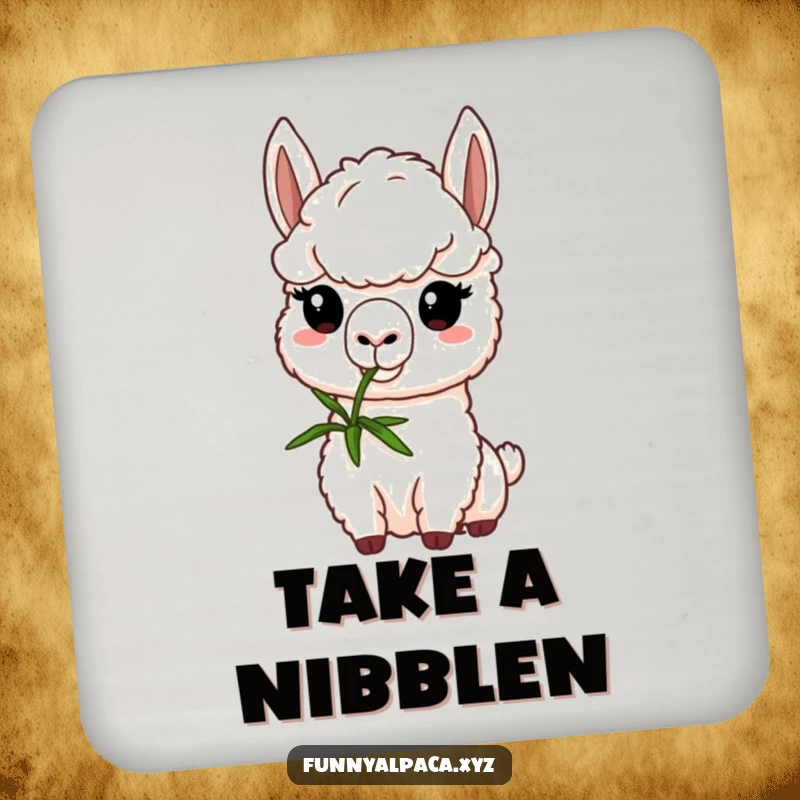 Funny alpaca drink coasters featuring a determined alpaca focusing on nibbling a green sprig, providing a humorous and protective surface for beverages.