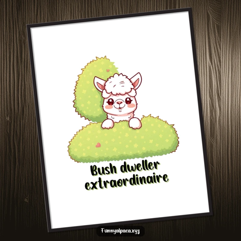 Funny Alpaca Bush Poster: A curious alpaca peeks from behind foliage, bringing playful mystery to wall art.