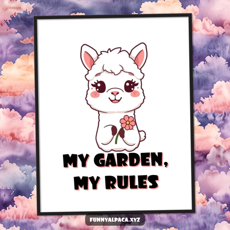 Funny Alpaca Flower Poster: A smiling alpaca offers a flower, bringing warmth and gentle humor to wall art.