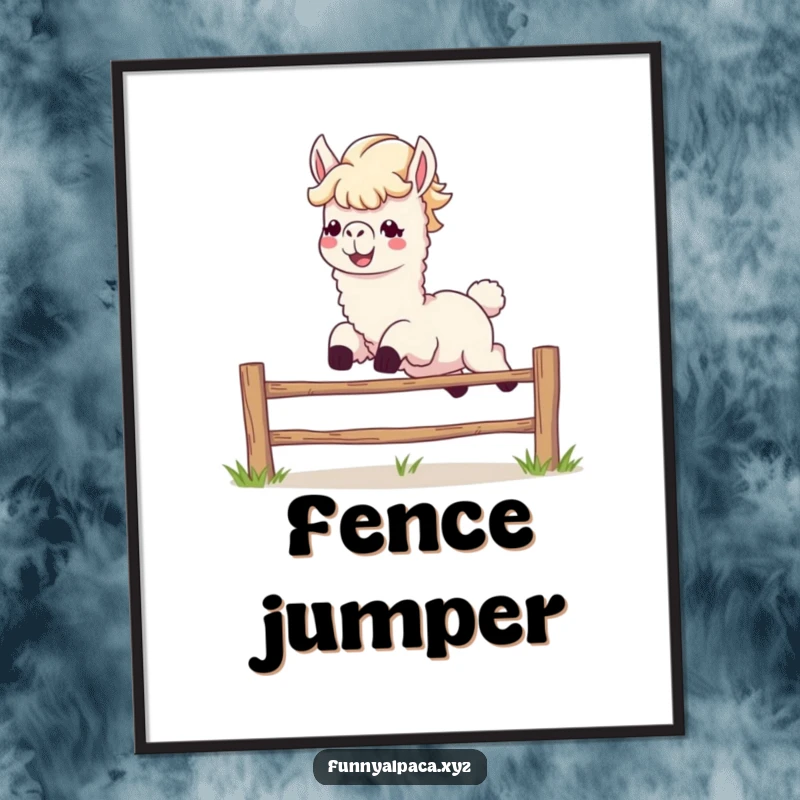 Funny alpaca poster leaping over a fence, ideal for energetic animal-themed decor.