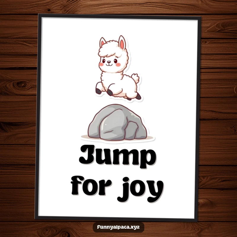 Funny Fluffy Alpaca Poster: An uplifting artwork of a fluffy alpaca character joyfully leaping over a rock, perfect for whimsical decor.