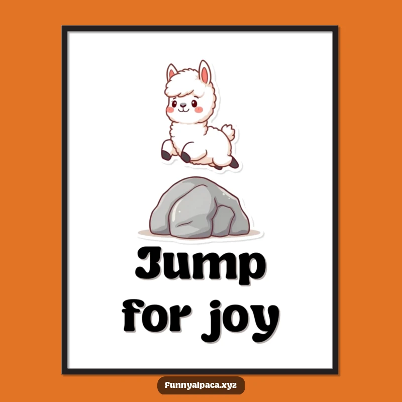 Funny Fluffy Alpaca Poster: Leaping Over Rock, Adorable Wall Art