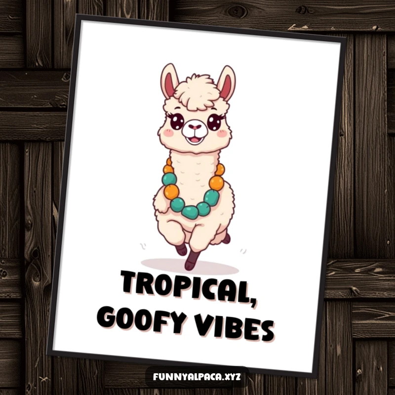 Funny poster art of a silly alpaca with a comical expression running with a large lei, embodying pure, unadulterated fun.