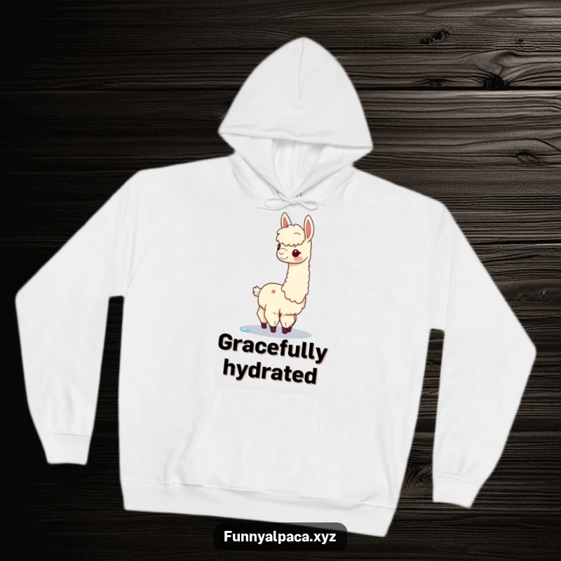 Funny alpaca hoodie depicting a graceful alpaca with a long neck balancing a dewdrop, offering warmth and a touch of elegant humor.