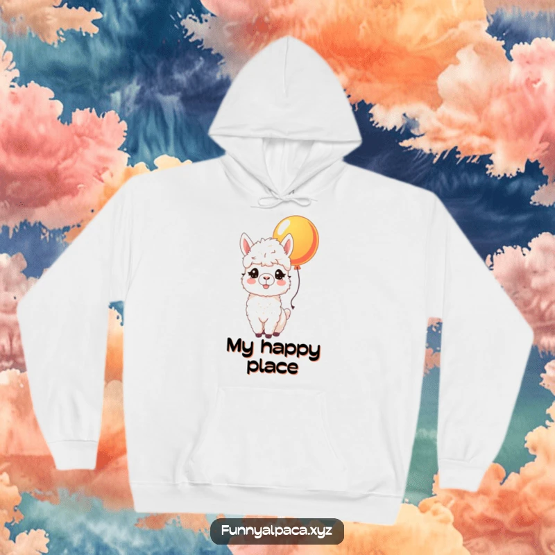 Funny hoodie showcasing a joyful alpaca with a fluffy coat and bright eyes, nudging a colorful balloon, embodying pure bliss.