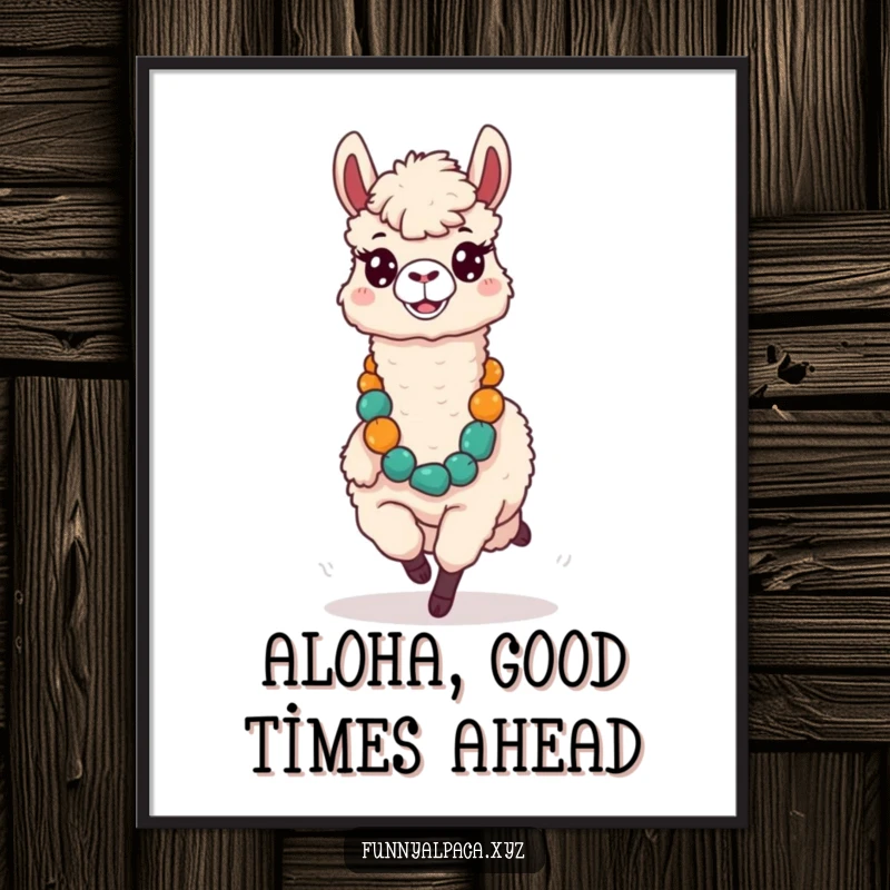 Funny Free Printable Wall Art: Silly alpaca with a comical expression running joyfully with a large lei.