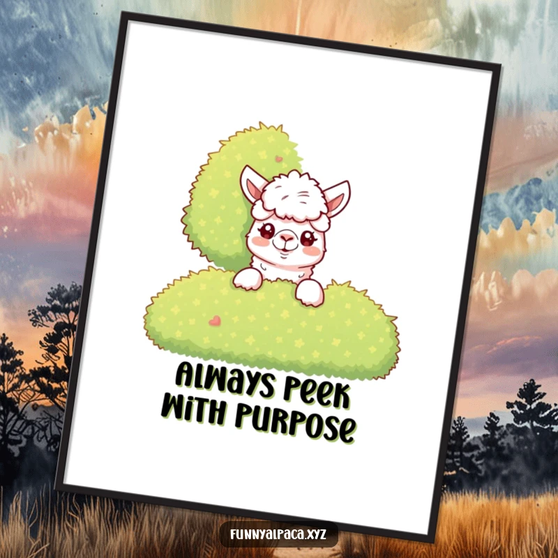 Funny Free Printable Wall Art: Curious alpaca peeking from behind a lush bush, creating a whimsical and humorous piece of downloadable art.